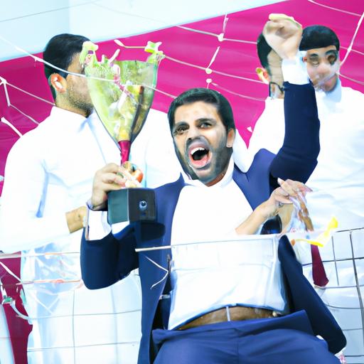 Huấn luyện viên Qatar ăn mừng cùng đội bóng của mình sau khi giành chức vô địch.
