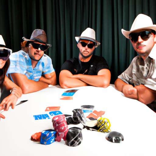 Bàn poker với những người chơi đội mũ lưỡi trai và kính râm.