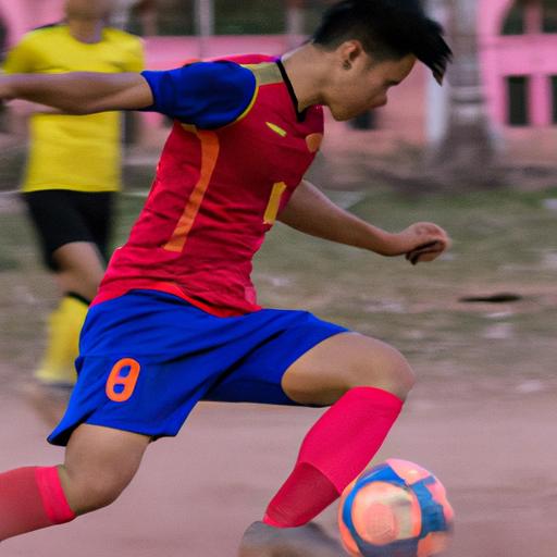 Hình ảnh cầu thủ bóng đá Campuchia lao xuống để giành lại bóng từ đối thủ.