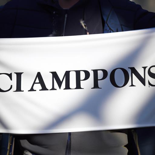 Cổ động viên Tottenham cầm biểu ngữ có logo đội bóng và từ 'Champions'