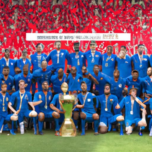 Đội tuyển bóng đá quốc gia Pháp chụp ảnh tập thể với chiếc cúp vô địch World Cup.