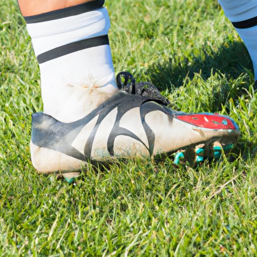 Gần cận một cầu thủ bóng đá, chân và chân đùi của anh ta với giày đinh chìm sâu vào cỏ.