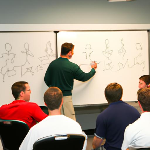 Huấn luyện viên vẽ đội hình 4-4-2 trên bảng trong cuộc họp đội