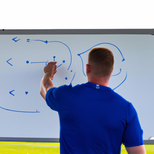Huấn luyện viên vẽ sơ đồ bóng đá trên bảng trắng cho đội nhìn.