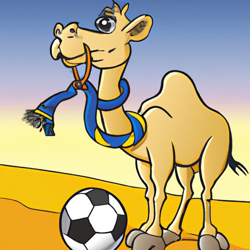 Lạc đà mang khăn quàng bóng đá với bóng đá trong sa mạc.