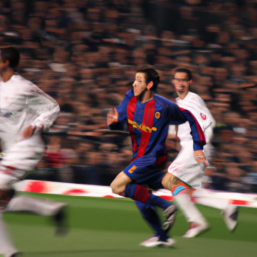 Lionel Messi vượt qua các hậu vệ trong trận đấu Champions League