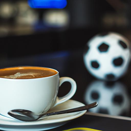 Gần gũi với ly cà phê và một quả bóng đá trên bàn tại quán cafe