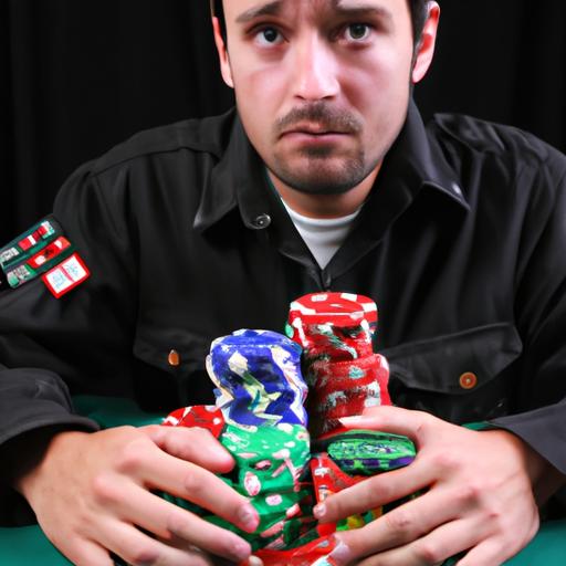 Người chơi poker với đống chip lớn và biểu cảm nghiêm trọng.