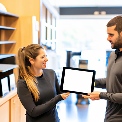 Nhân viên bán hàng sử dụng máy tính bảng để hiển thị thông tin sản phẩm cho khách hàng