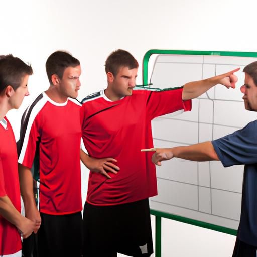 Một nhóm cầu thủ bóng đá đang thảo luận về chiến lược và thủ thuật trên bảng trắng.