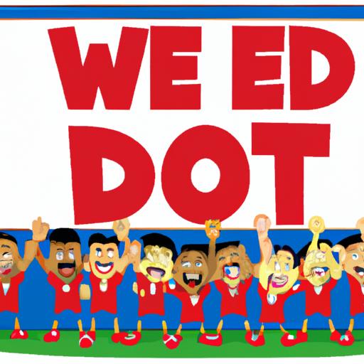 Một nhóm cầu thủ bóng đá giơ băng rôn với dòng chữ 'Chúng tôi làm được!' sau khi đội bóng của họ lên hạng Ngoại hạng Anh