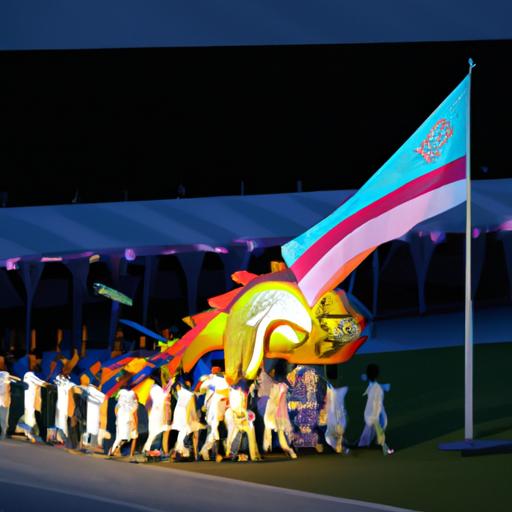 Nhóm vận động viên tự hào cầm cờ linh vật Seagame 32 trong lễ khai mạc.