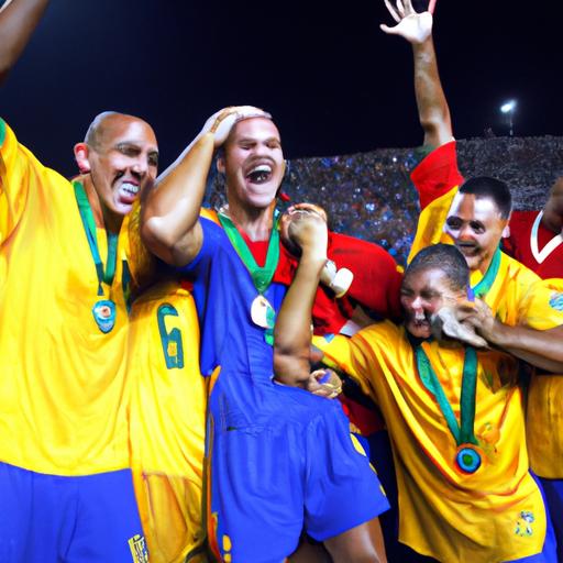 Ronaldo de Lima ăn mừng cùng đội sau khi giành chiến thắng tại World Cup