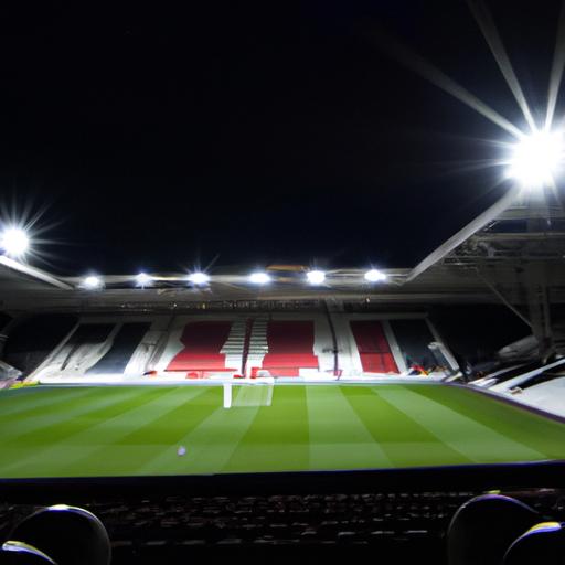 Khung cảnh đêm của sân bóng đá với đèn sáng ở Anh